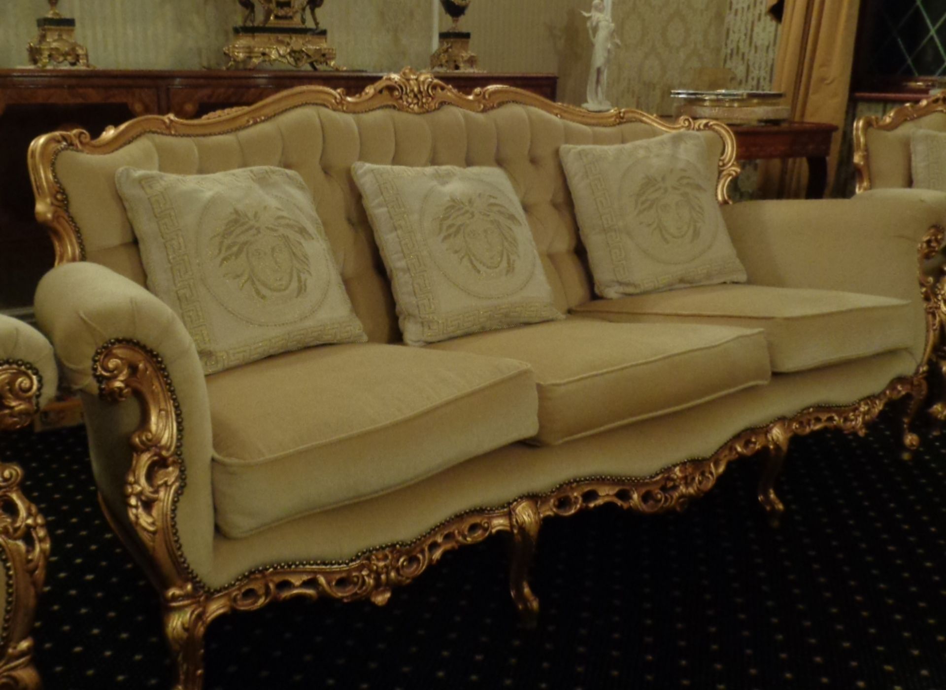 Italian Style Beige Sofa 3 Seater Gold Leaf 200Cms X 85Cms Deep & Arm Chair - Image 3 of 3