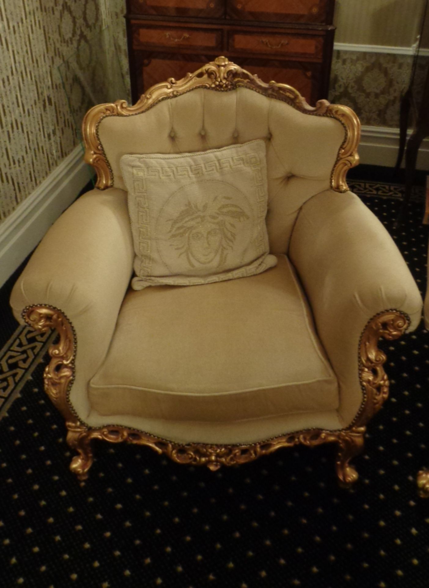 Italian Style Beige Armchair Gold Leaf Hand Painted 95Cms Wide X 85Cms Deep