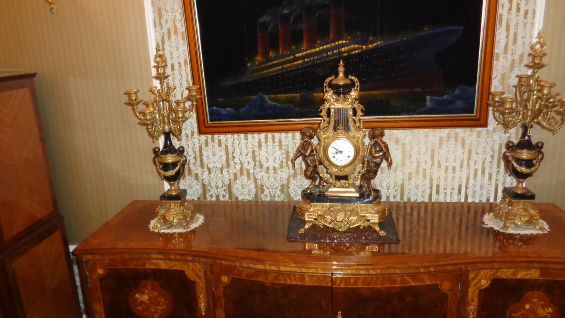 Black Onyx Set Clock (Height 61Cms) & 2 X Candelabra (69Cms High) Black Onyx