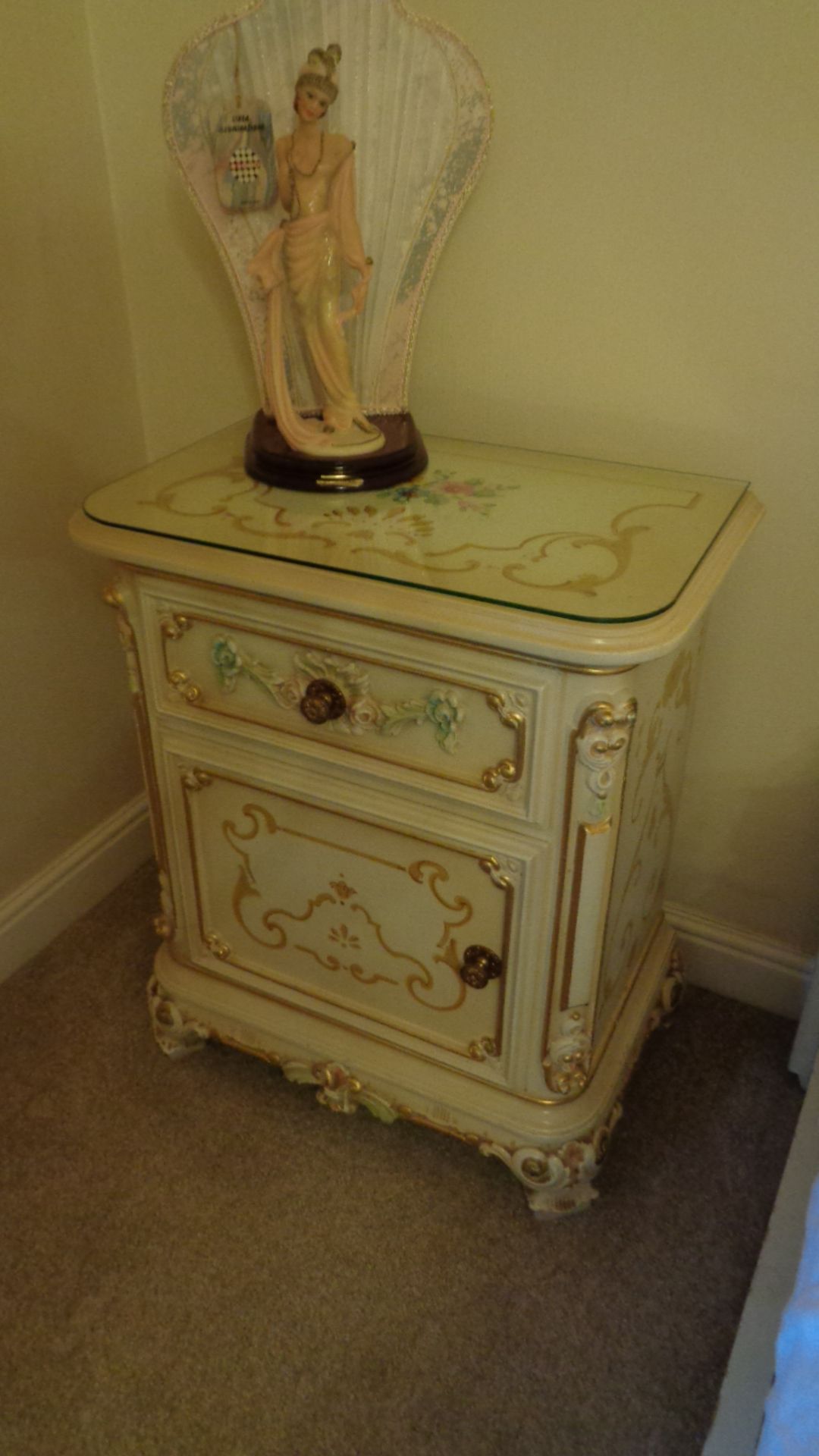 Set 2 Italian Bedside Table Hand Painted With Glass Tops Rec Retail £2,500