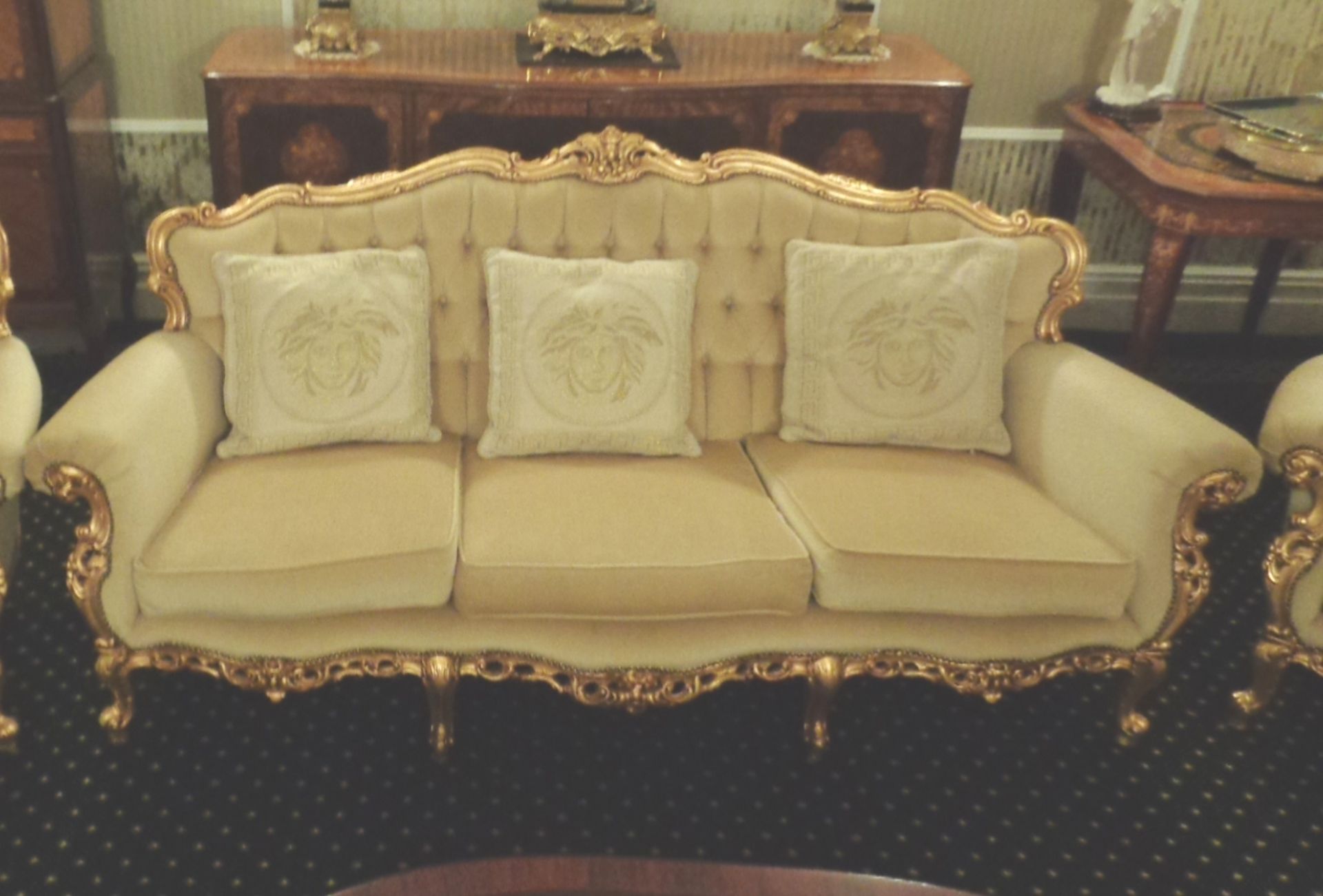 Italian Style Beige Sofa 3 Seater Gold Leaf 200Cms X 85Cms Deep & Arm Chair - Image 2 of 3