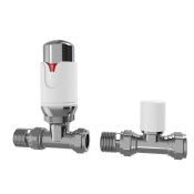 (A197) 15mm Standard Connection Thermostatic Straight Gloss White & Chrome Radiator Valves 10 Year