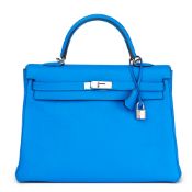 Hermès Blue Hydra Clemence Leather Kelly 35cm Retourne