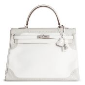 Hermès White & Gris Perle Swift Leather Ghillie Kelly 35cm Retourne