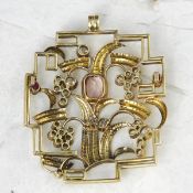 Wiener Werkstätte 14k Yellow Gold Topaz, Diamond & Ruby Pendant