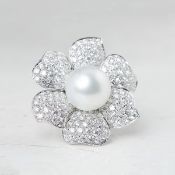 18k White Gold South Sea Pearl & 7.80ct Diamond Flower Ring