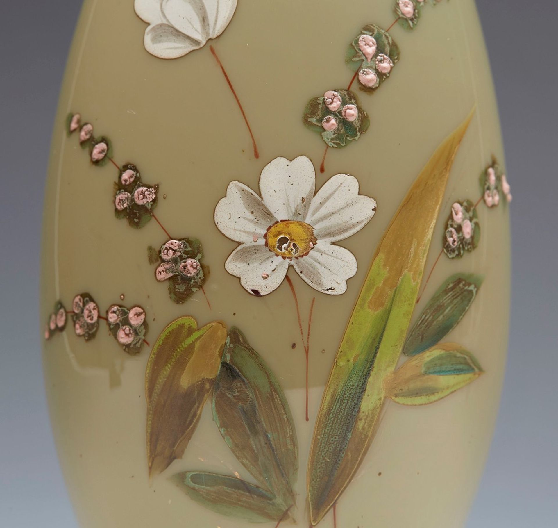 Antique Victorian Floral Enamel Painted Glass Vase 19Th C. - Image 2 of 6