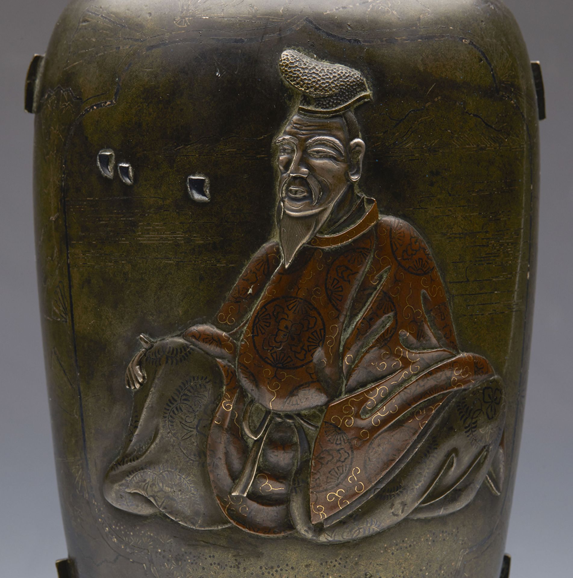 Antique Japanese Meiji Inlaid Bronze Vase Applied With Figures - Image 4 of 8