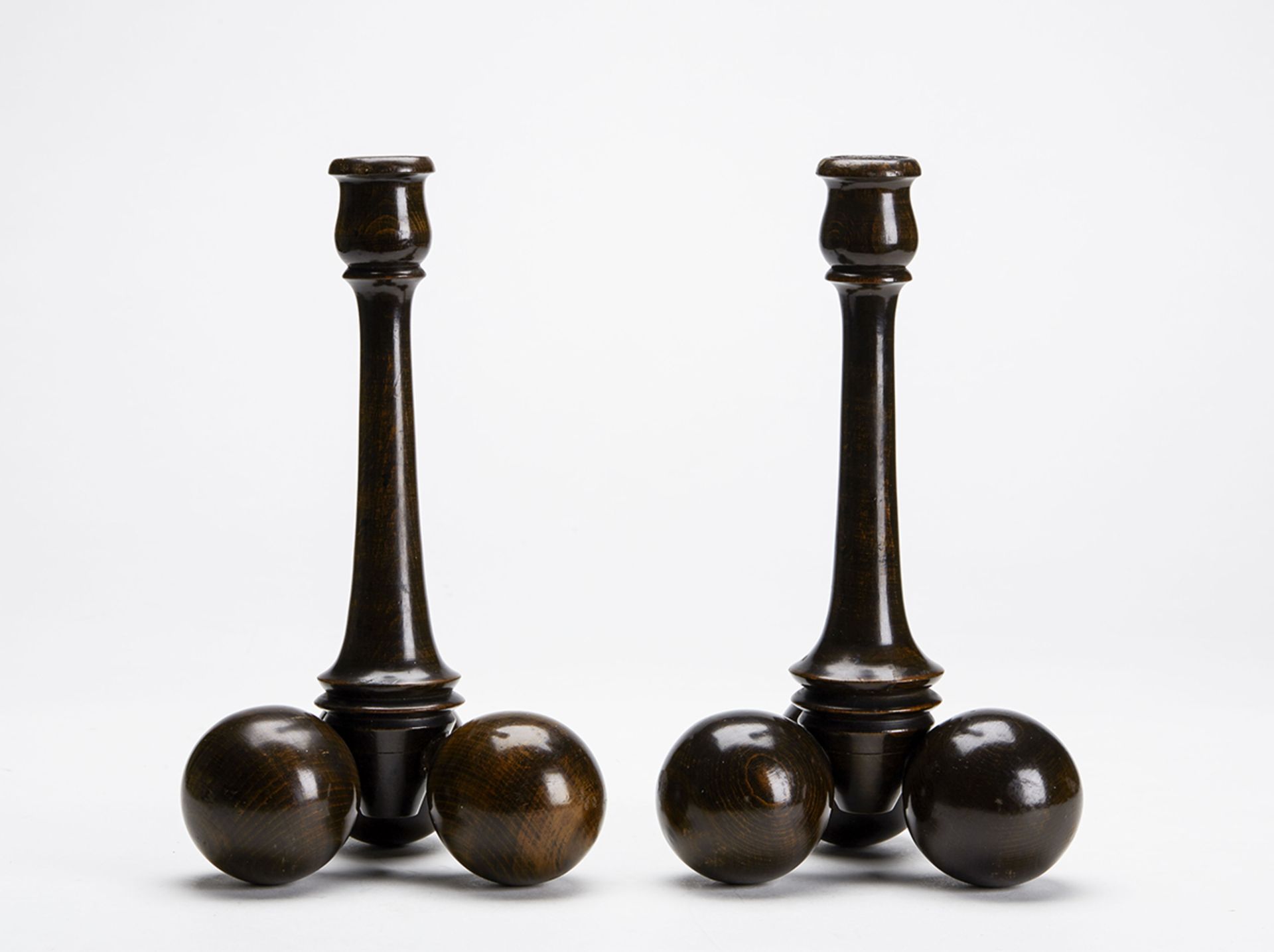 Stylish Art Deco Pair Wooden Ball Feet Candlesticks 20Th C. - Image 3 of 7