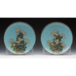 Pair Antique Oriental Cloisonne Dishes With Flowering Shrubs 19Th C.