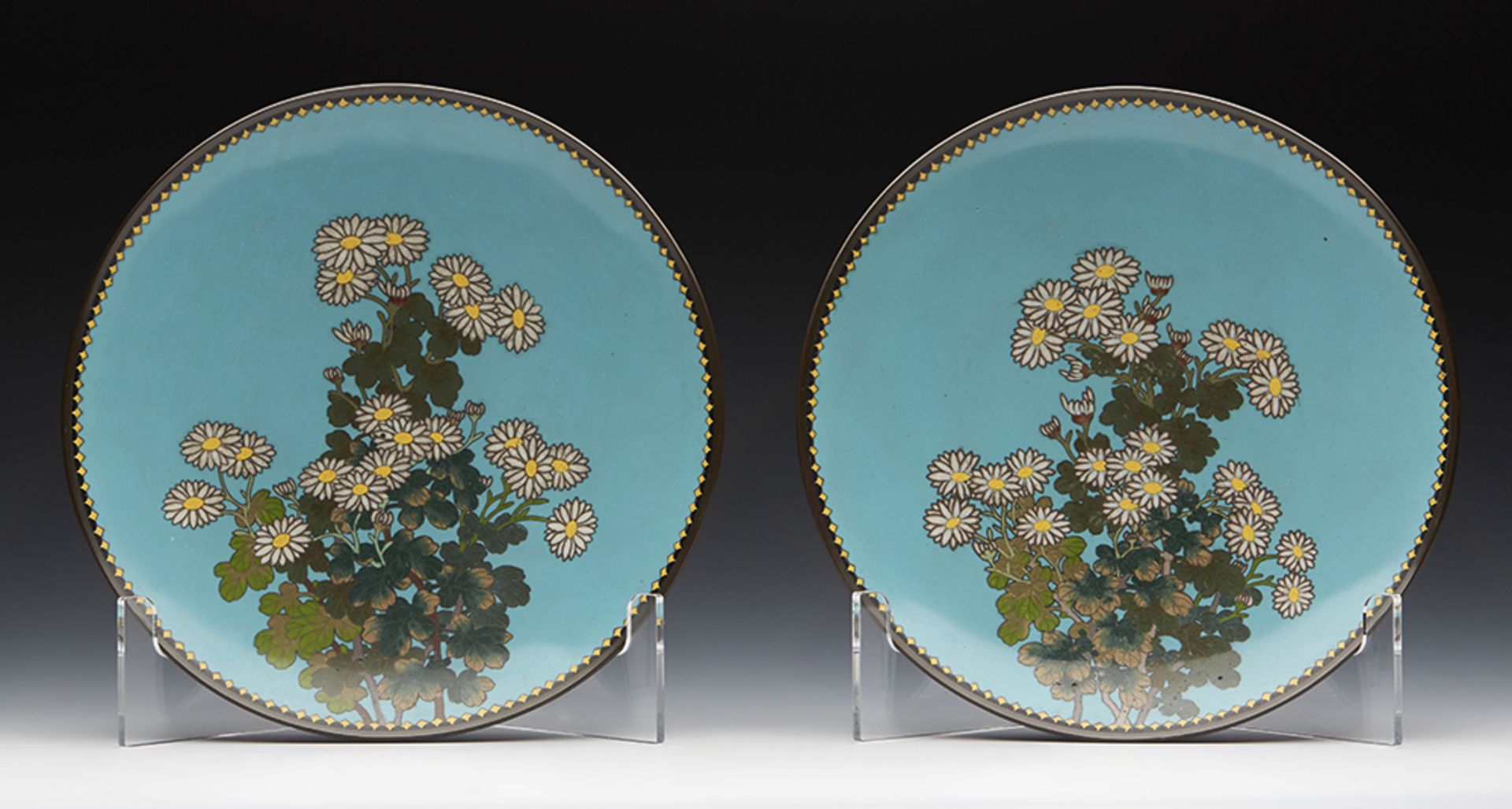 Pair Antique Oriental Cloisonne Dishes With Flowering Shrubs 19Th C.