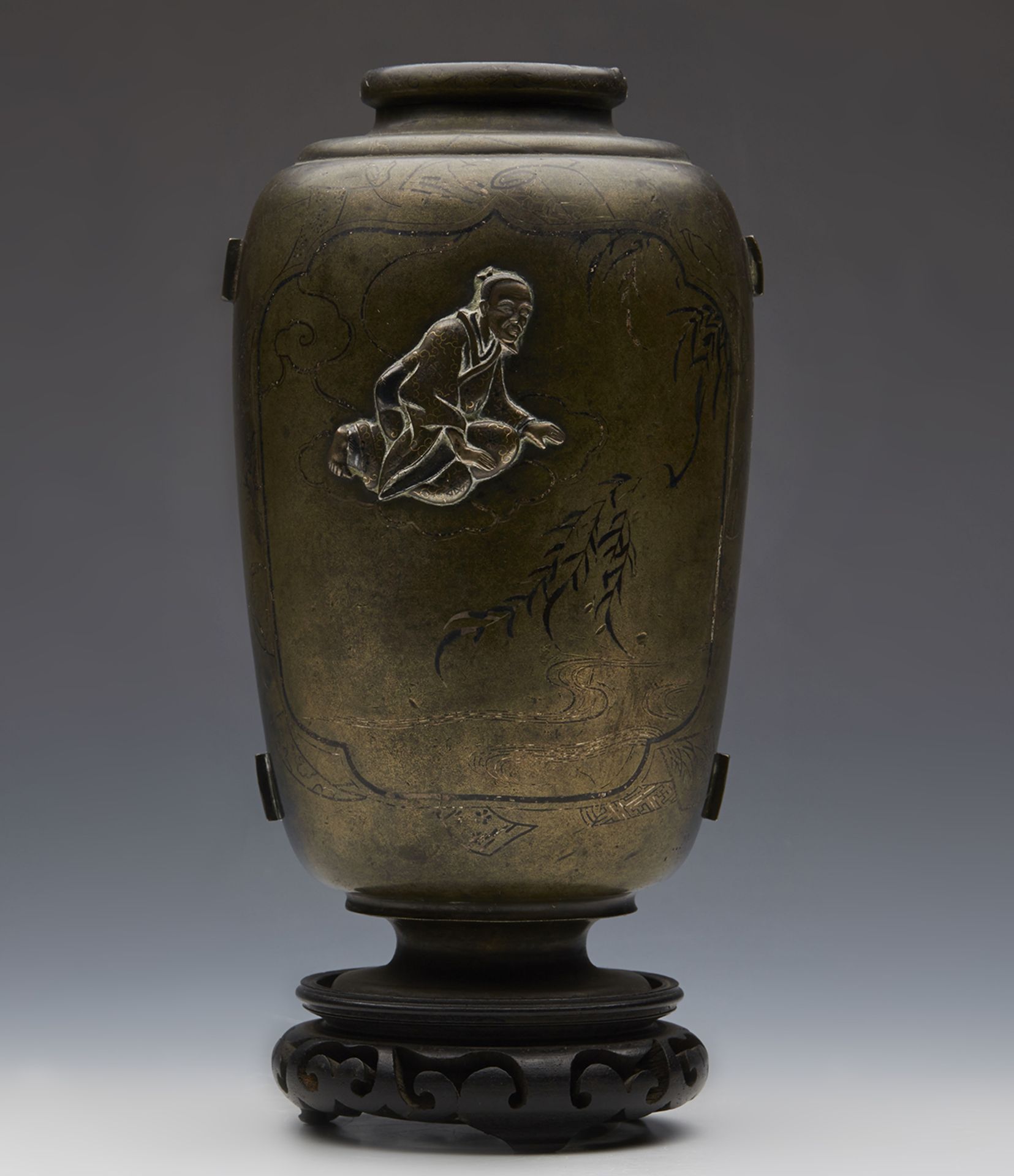 Antique Japanese Meiji Inlaid Bronze Vase Applied With Figures