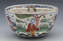 Vintage Chinese Wucai Figural Lidded Rice Bowl With Dragons 20Th C.