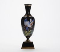 Antique Black Glass Victorian Vase With Birds 19Th C.