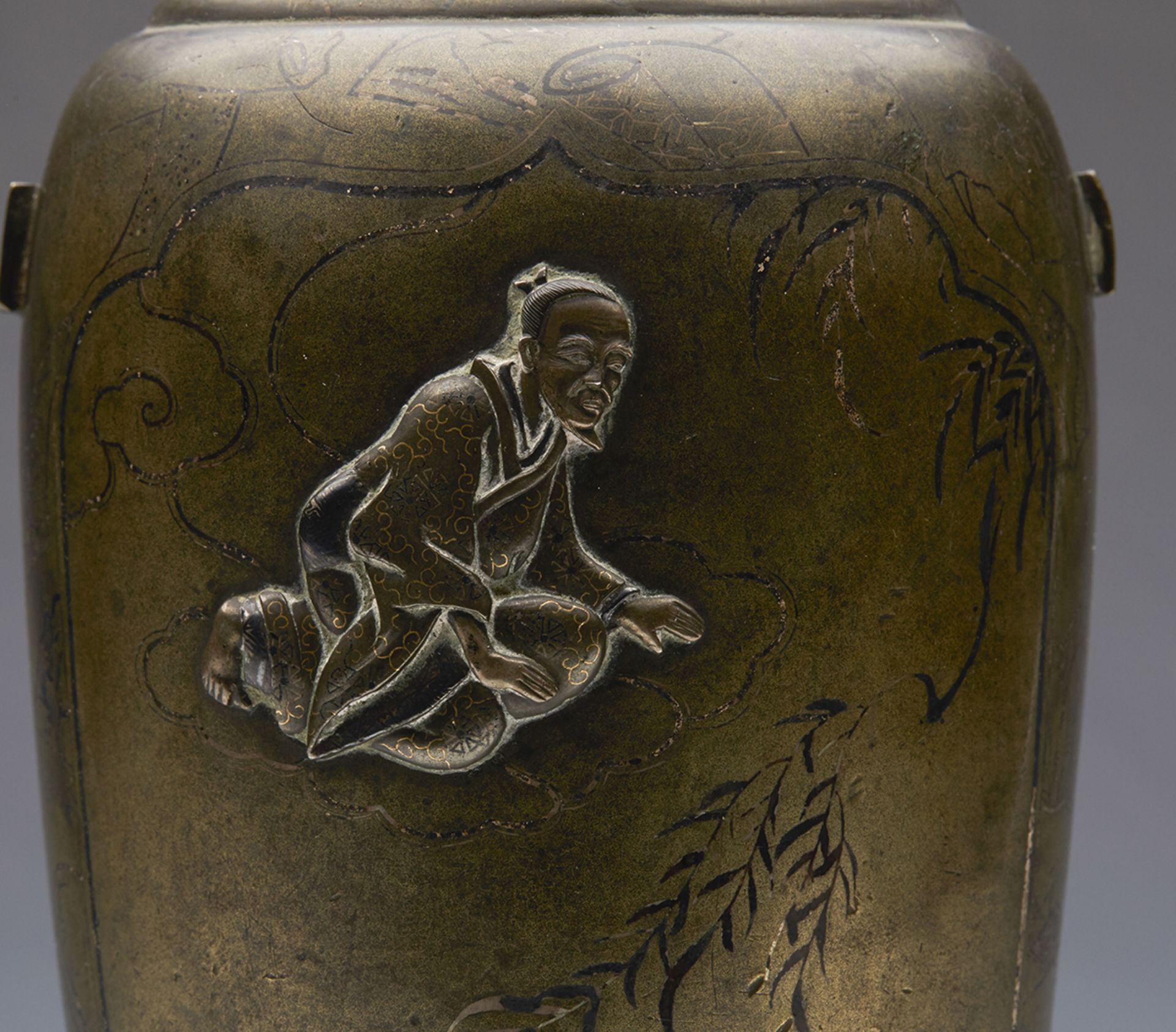 Antique Japanese Meiji Inlaid Bronze Vase Applied With Figures - Image 2 of 8
