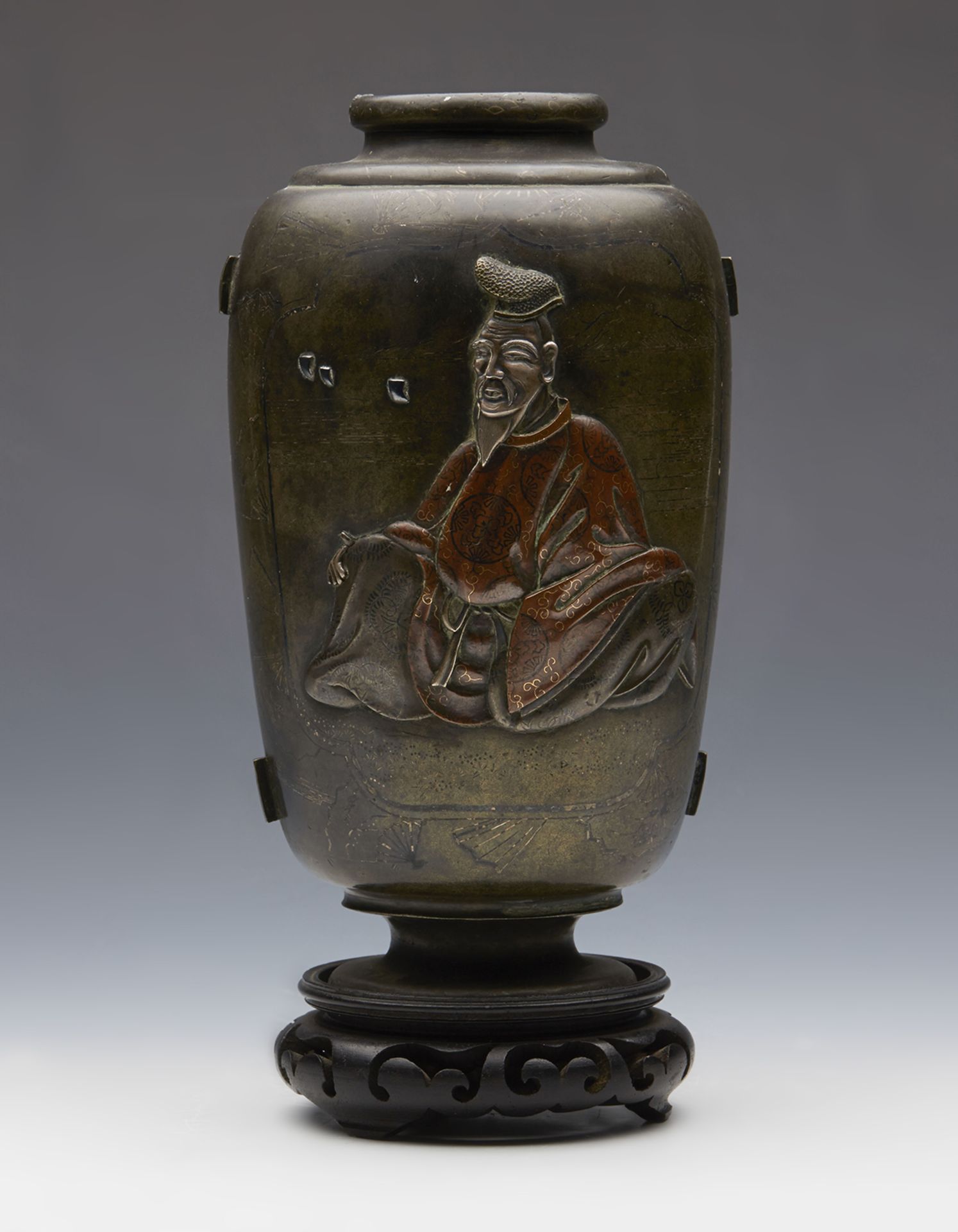 Antique Japanese Meiji Inlaid Bronze Vase Applied With Figures - Image 3 of 8