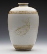 Vintage Japanese Studio Pottery Vase With Carp 20Th C.