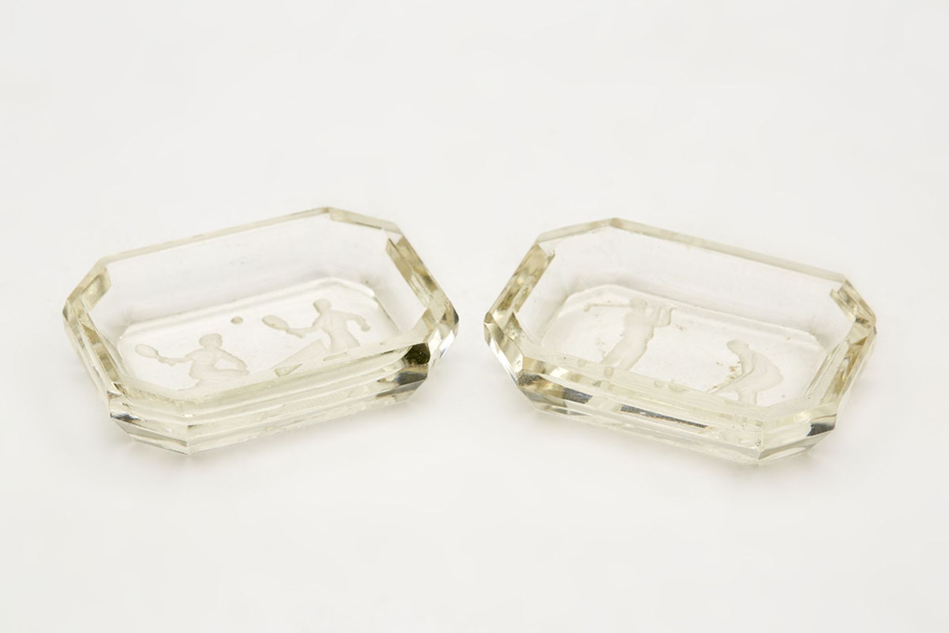 Art Deco Engraved Golf And Tennis Glass Pin Dishes C.1925