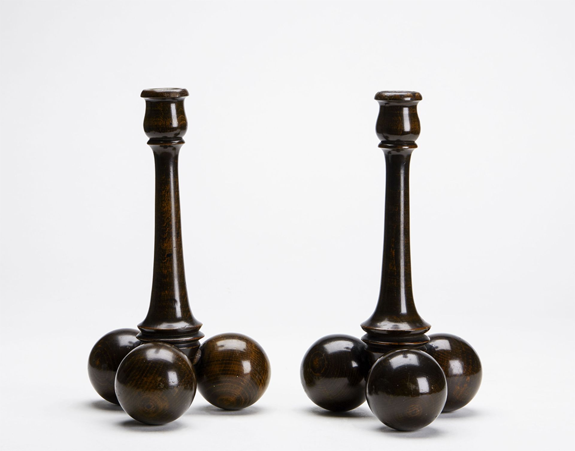 Stylish Art Deco Pair Wooden Ball Feet Candlesticks 20Th C.