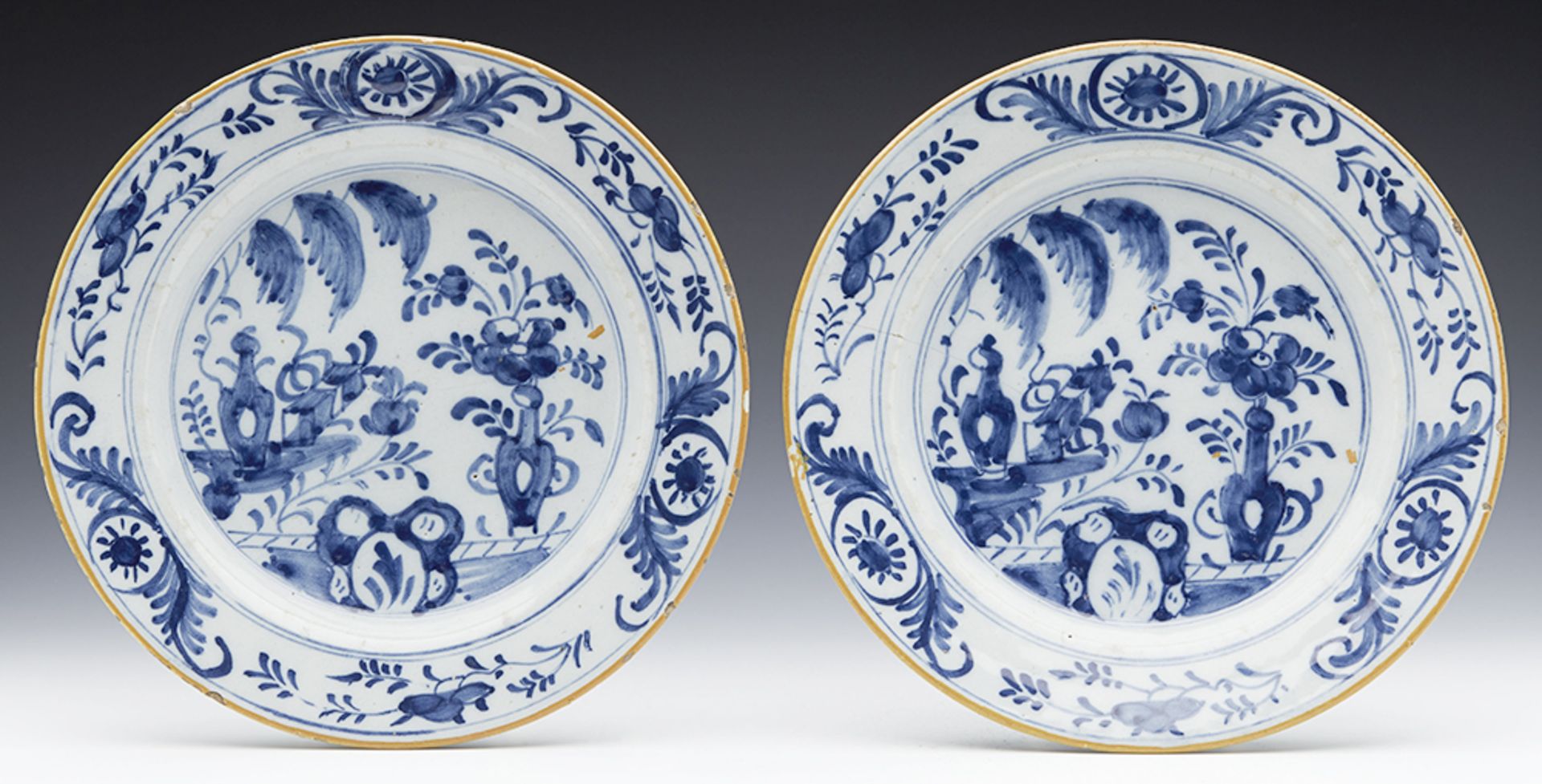 Pair Antique Dutch Delft Blue And White Floral Design Plates 18Th C.