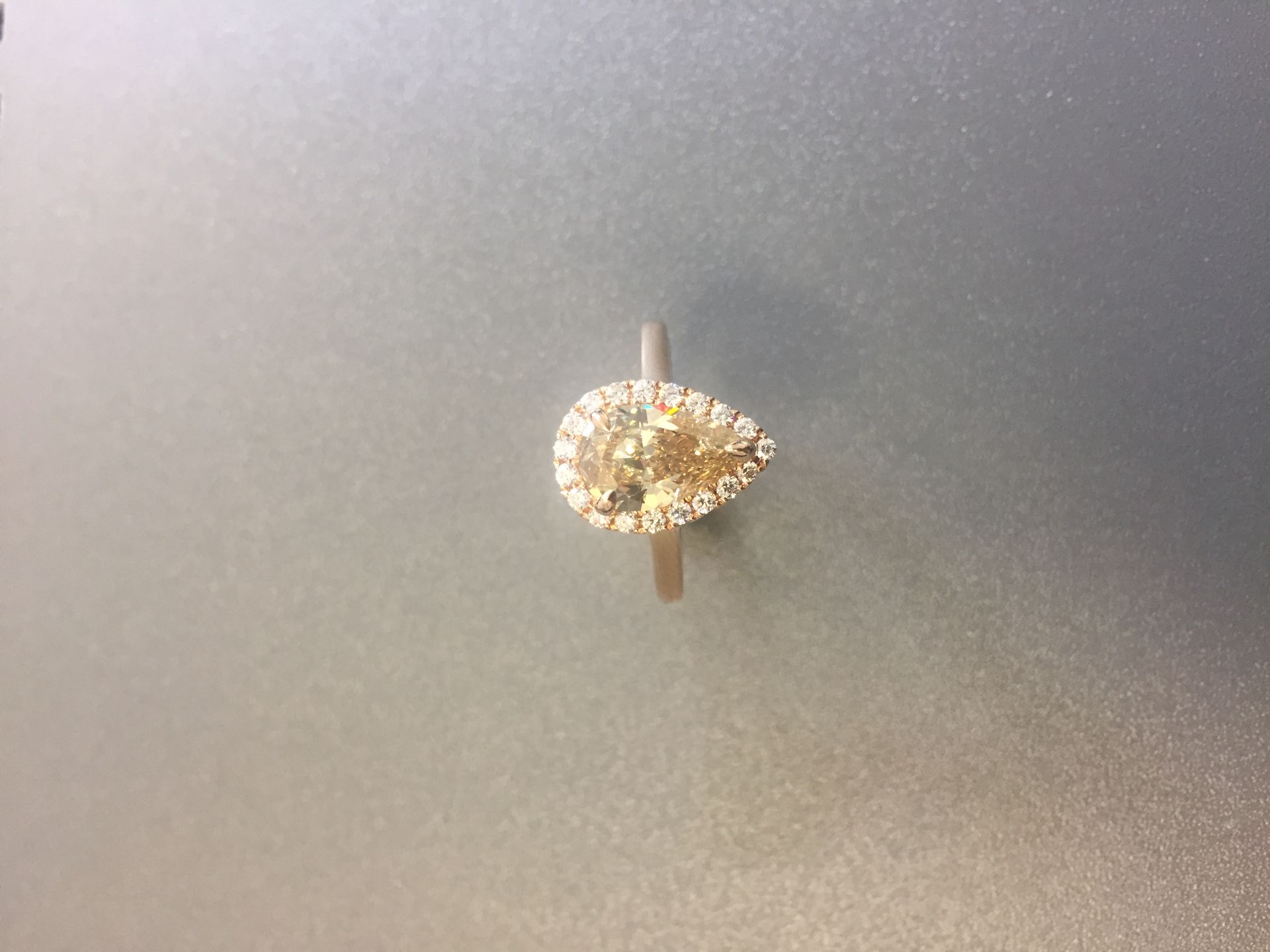 1.47ct pear shaped diamond set ring. Fancy yellow pear diamond, I1 clarity. Set in 18ct rose gold. - Image 2 of 6