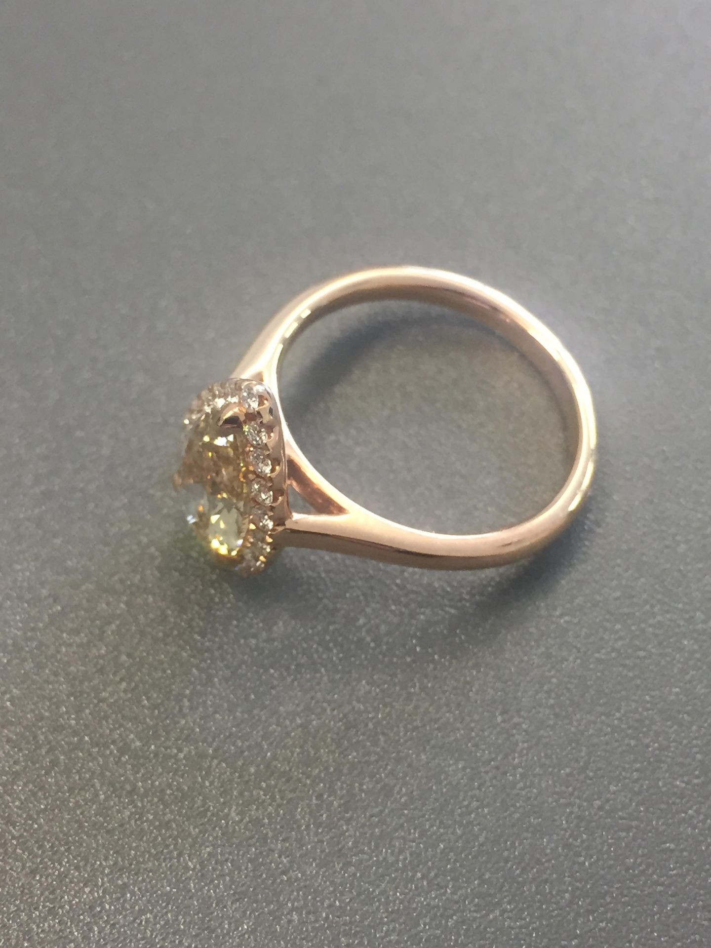 1.47ct pear shaped diamond set ring. Fancy yellow pear diamond, I1 clarity. Set in 18ct rose gold. - Image 4 of 6
