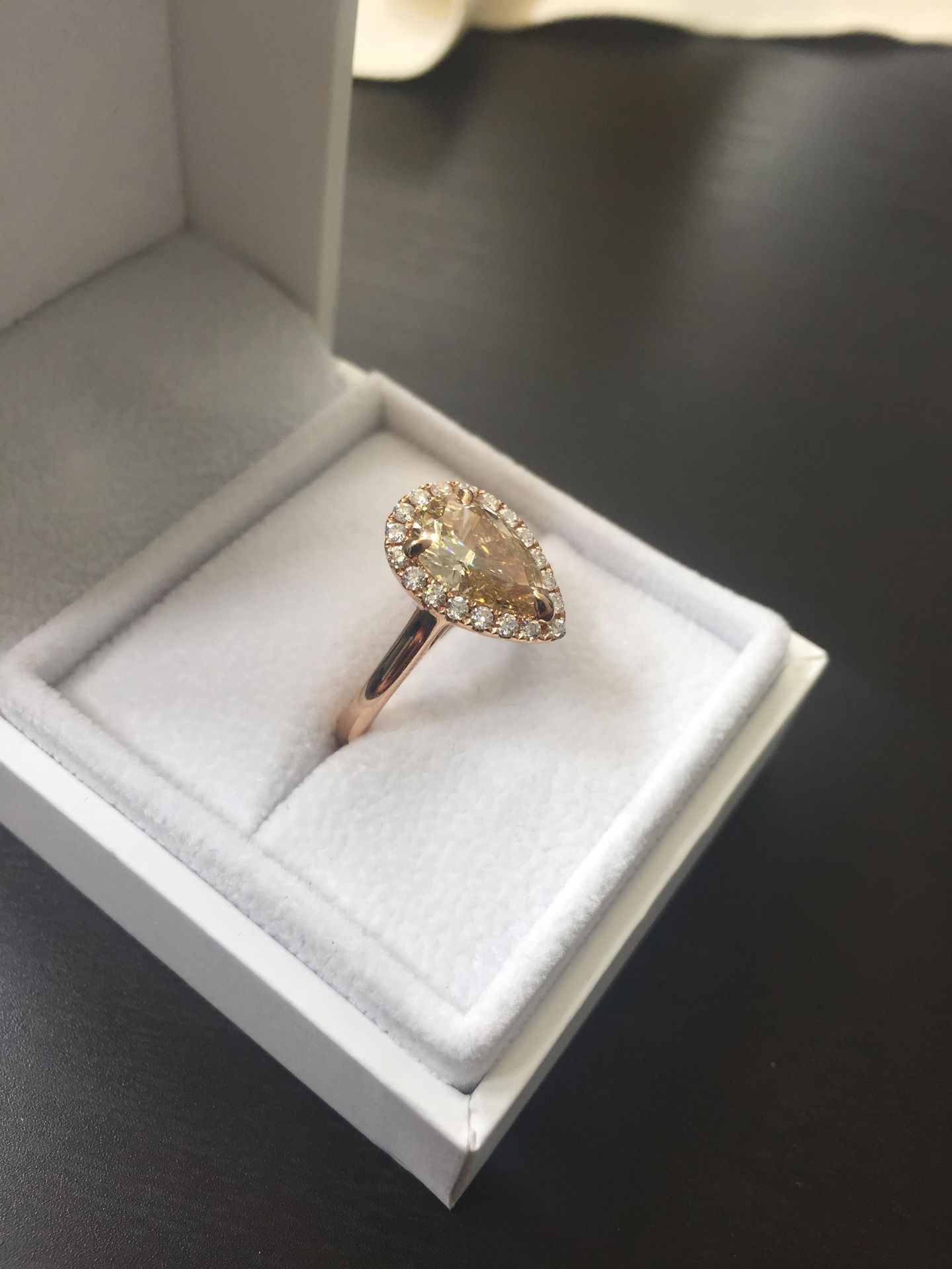 1.47ct pear shaped diamond set ring. Fancy yellow pear diamond, I1 clarity. Set in 18ct rose gold. - Image 6 of 6