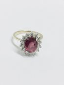 18ct Ruby diamond cluster ring,2.50ct Ruby natural(treated ),0.56ct diamond si2 grade i colour .uk
