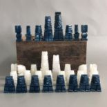 Vintage carved blue and white quartz chess pieces set - Mayan / Aztec / Mexican