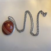 Banded Orange Carnelian Stone Pendant on 925 Sterling Silver Chain Necklace