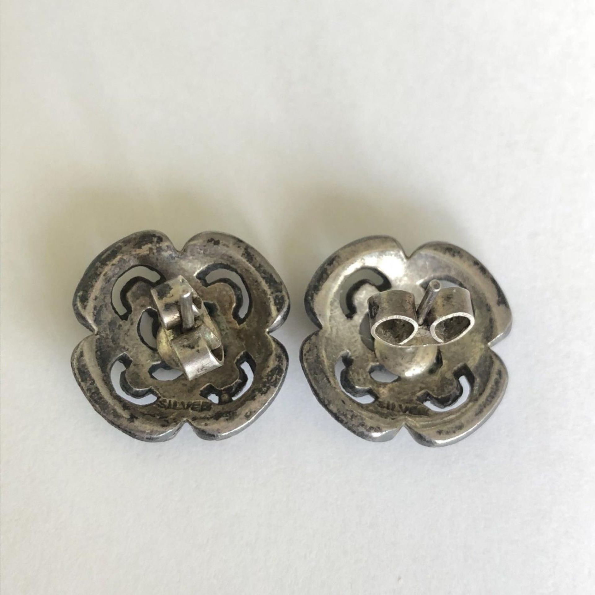 Original Antique Sterling Silver Marcasite Large Stud Earrings - marked SILVER - Image 2 of 2