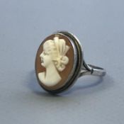 Antique 800 Silver Ring with Oval Carved Shell Cameo - Size O / P