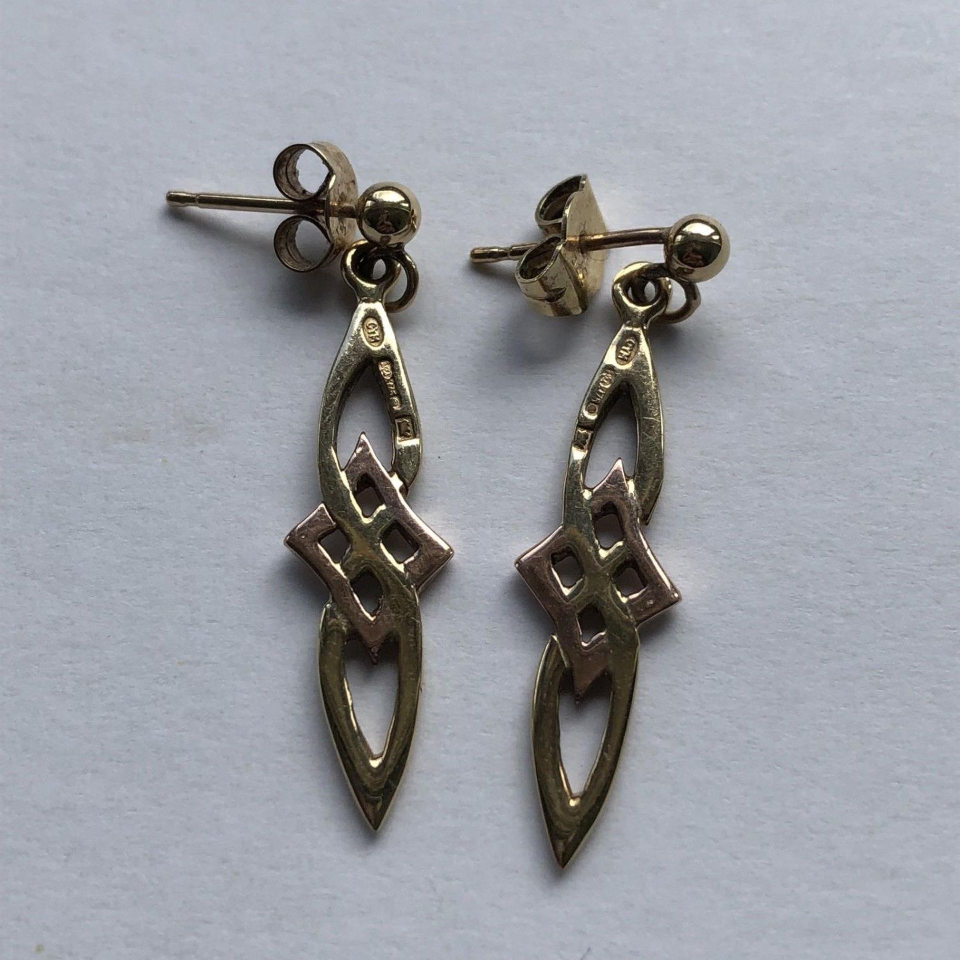 Cymru 9ct Yellow & Rose Gold earrings - Celtic Knot Drop - Welsh gold - Image 2 of 2