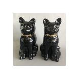 Pair of Antique Staffordshire Pottery Jackfield Black Fireside Cats by Sadler