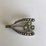 Vintage Marcasite Green Bead Brooch - Marked "German Made" - Clover / Shamrock