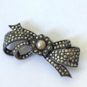 Stunning Marcasite Solid Silver Brooch - Bow Flower Pearl Marked SILVER D.H.P