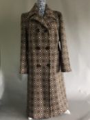 Retro Vintage Ladies Long Welsh Wool Woollen Coat - Eclipse Brown, Beige and Dark Green SIZE 16