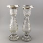 Pair of George V Silver Mounted Crystal Stem Vases - Hallmarked Birmingham 1915