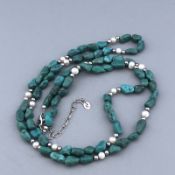 Native American design long necklace of turquoise, pearl and silver beads 925 by Relios