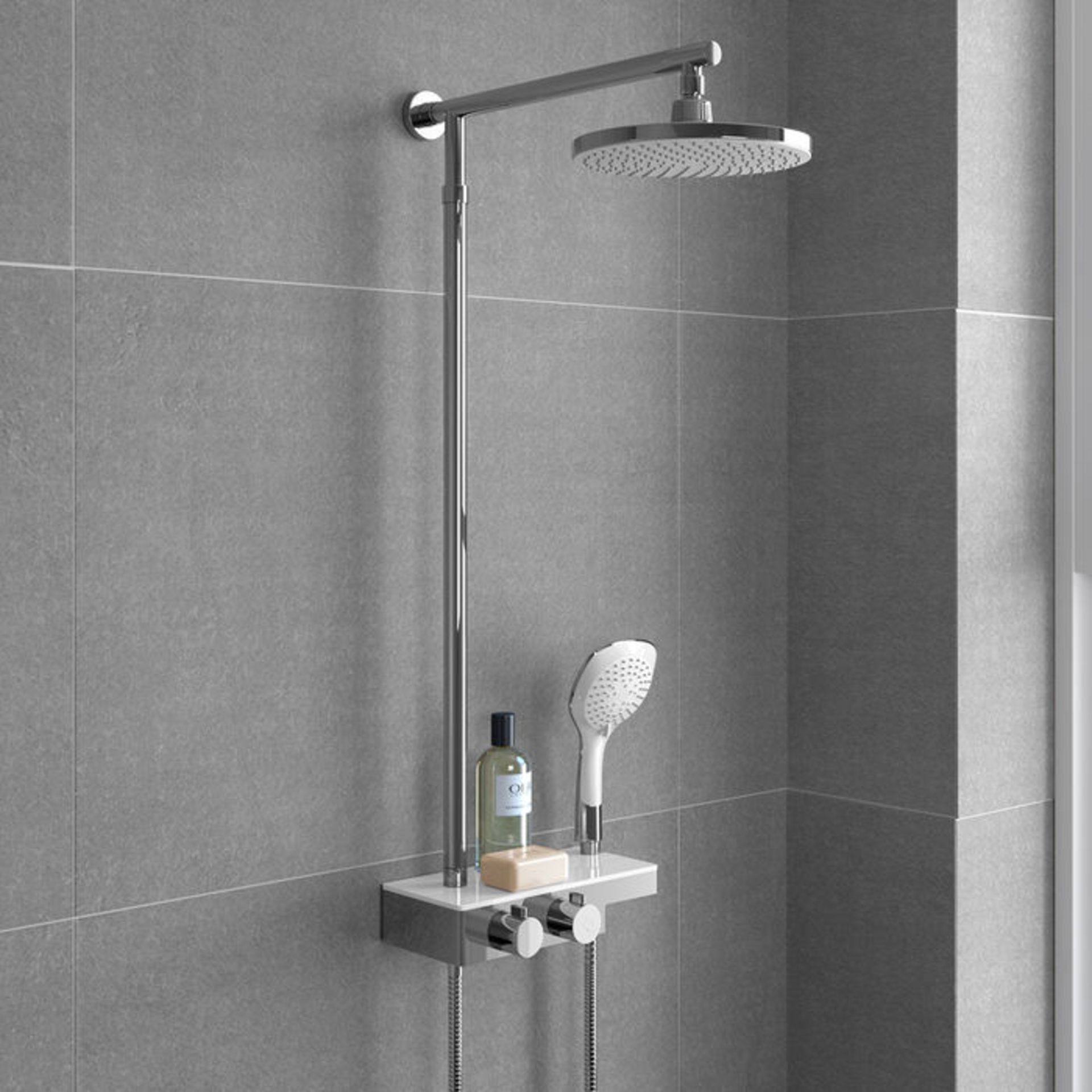 (L213) 220mm Round White & Chrome Head Thermostatic Exposed Shower Kit, Handheld & Storage Shelf. - Image 2 of 3