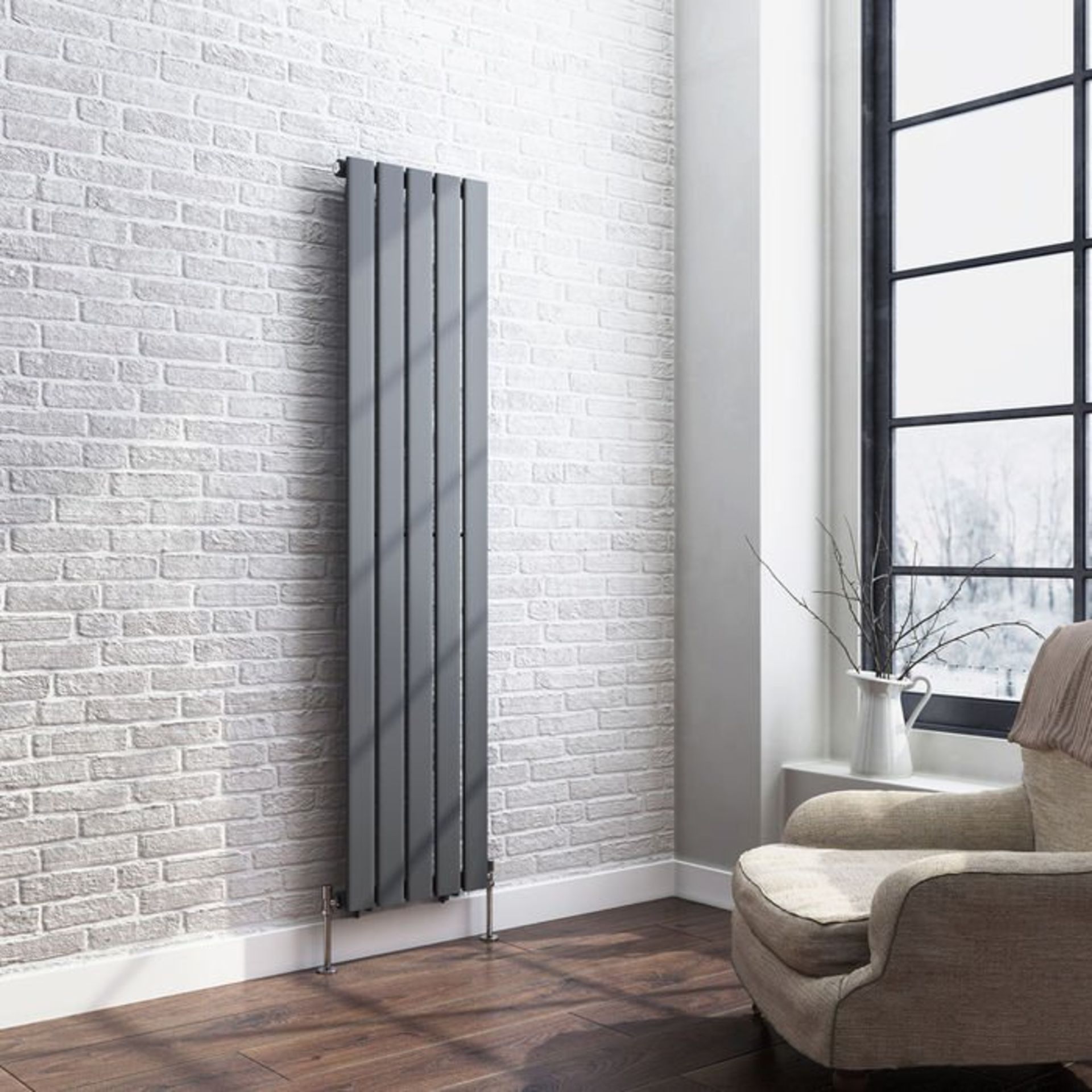 (H206) 1600x376mm Anthracite Single Flat Panel Vertical Radiator. RRP 175.99. Low carbon steel, high