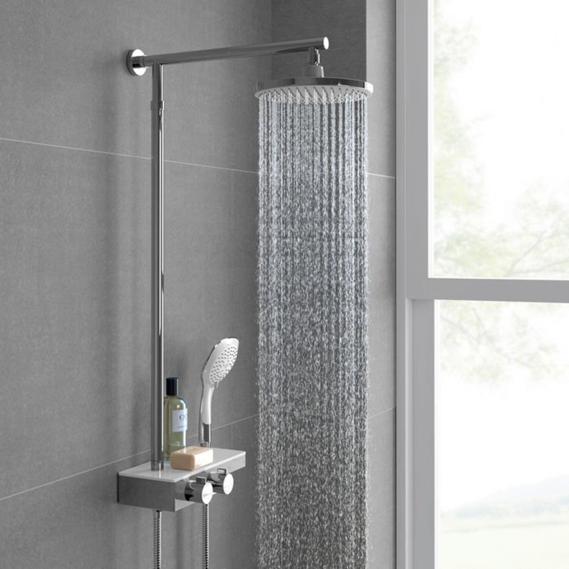 (L213) 220mm Round White & Chrome Head Thermostatic Exposed Shower Kit, Handheld & Storage Shelf. - Bild 3 aus 3