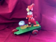 Vintage Pull Along Wooden Toy Red Clown With Bell Circa 1930-1960