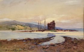 George Neil, Signed, Watercolour Scottish Loch, beached boats