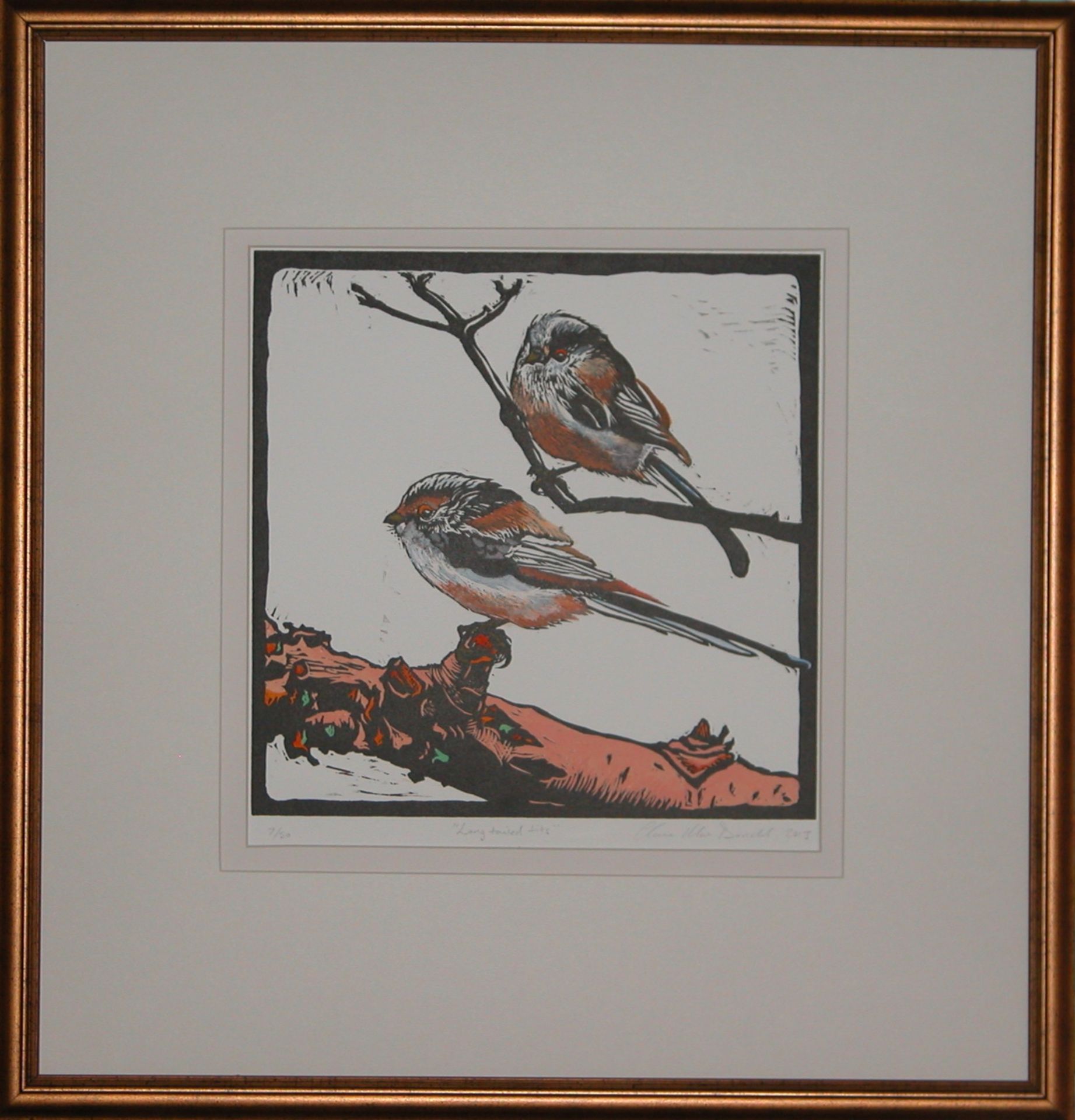 Claire Macdonald, Signed, hand coloured wood block print, 7/50 Long tailed tits - Image 2 of 2
