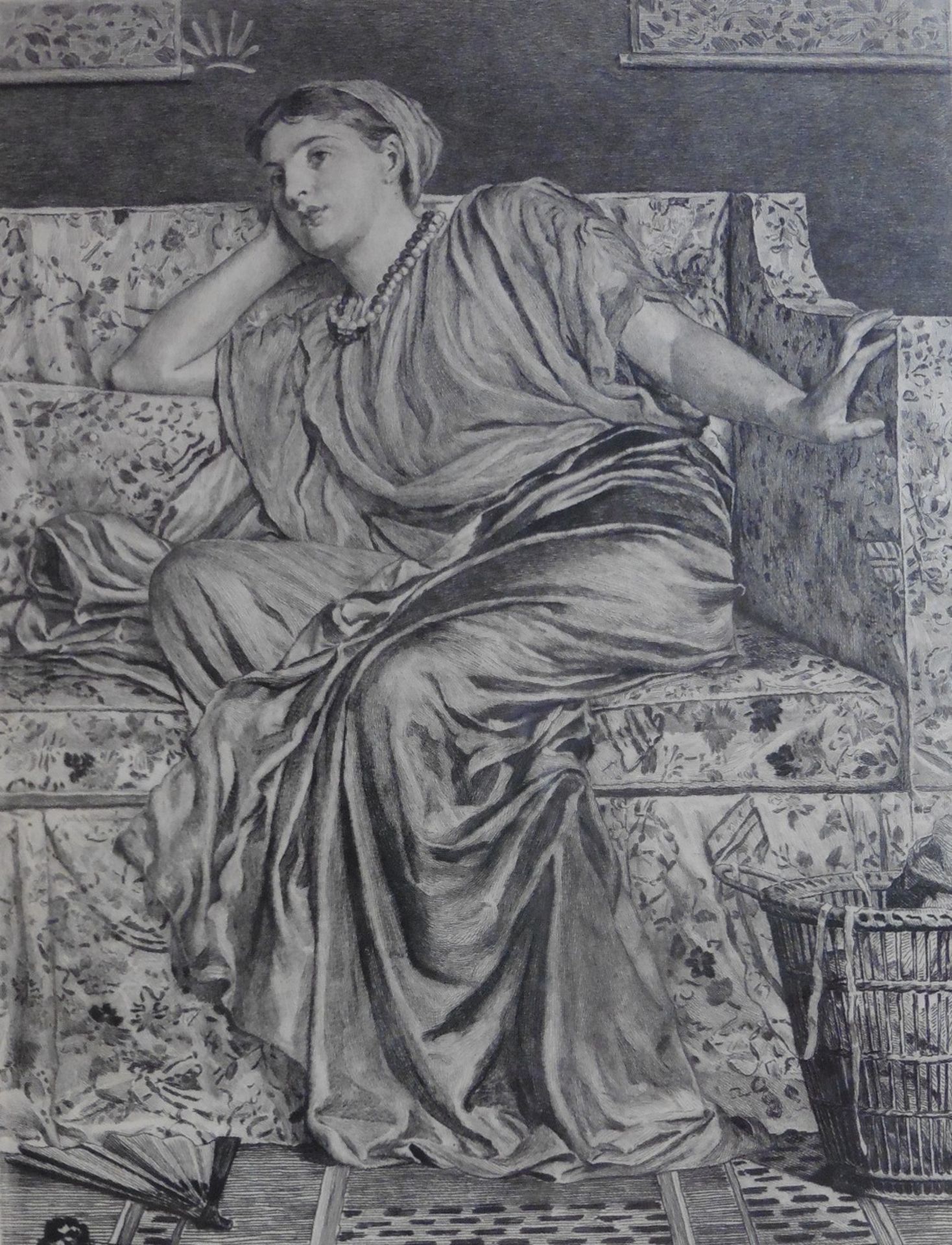 Unsigned engraving circa 1900 “Lady in her parlour”