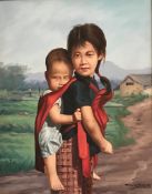 David Cheng, Hong Kong 1961 signed Oil on canvas “Girl with Brother”