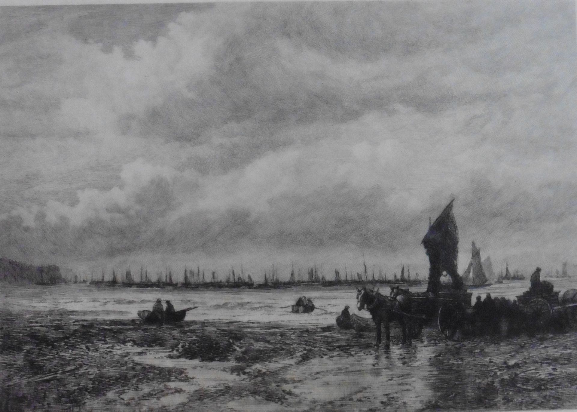 Unsigned engraving circa 1900 “Mussel collecting on the shore”
