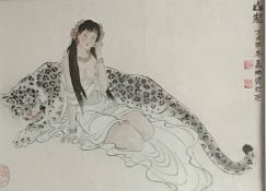 Chinese Princess with Leopard "Shangui" watercolour