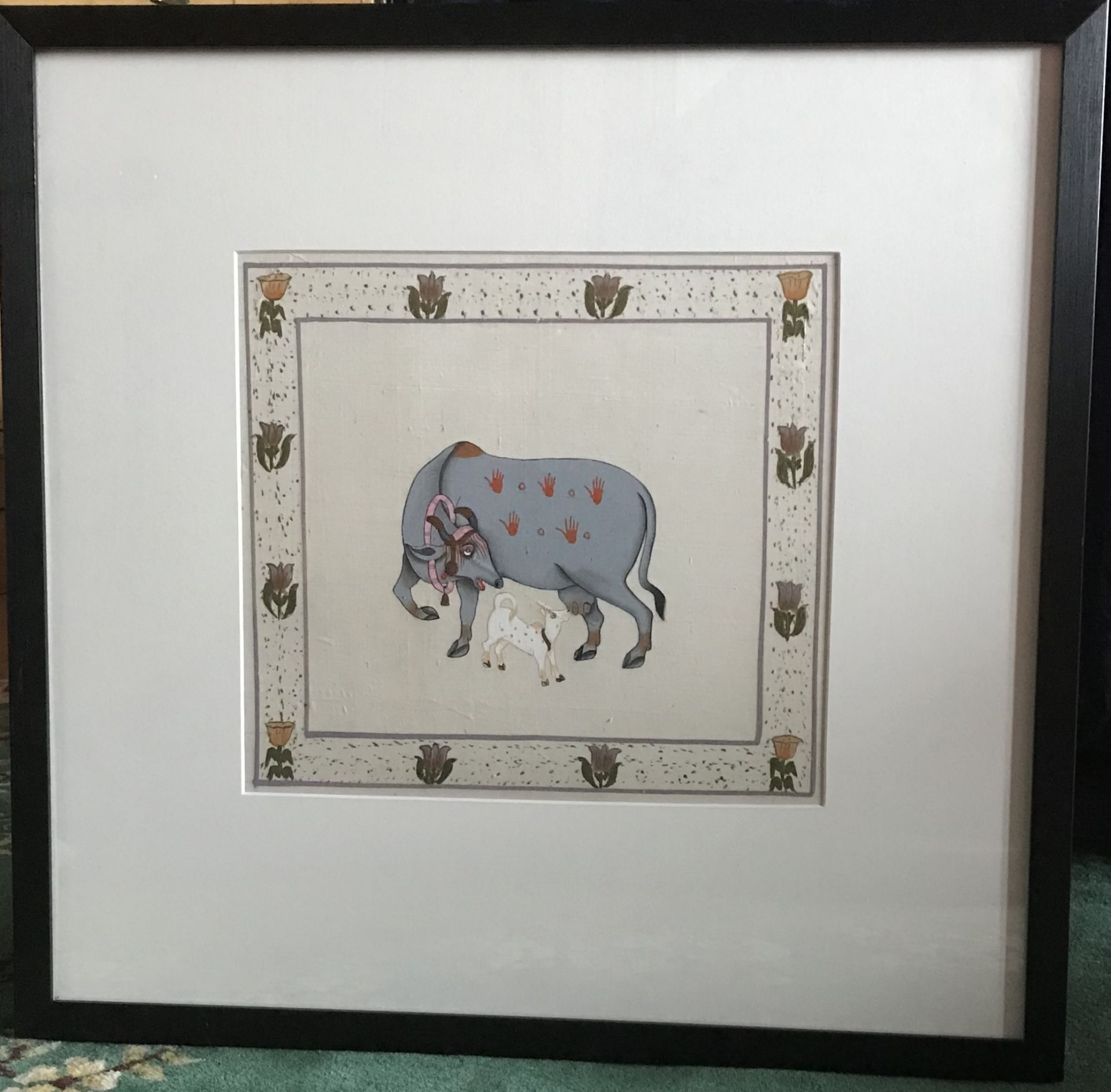 Hindu Suckling Cow Painted on silk - Image 2 of 2